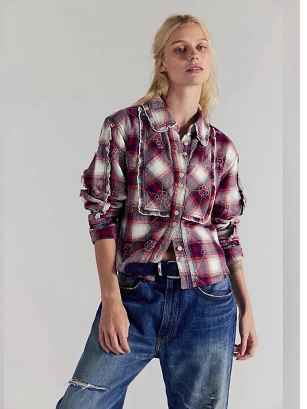 1548. FREE PEOPLE We The Free Georgia Plaid Embroidered Button-Down Shirt Sz XS